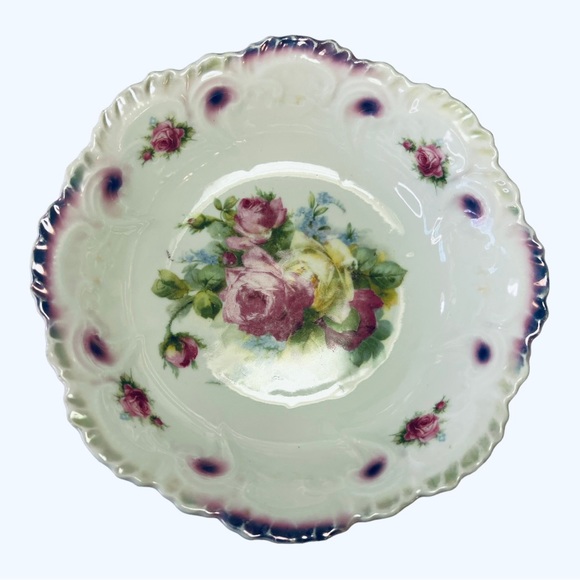 Fruit Salad Bowl Early 20th Century, Art Pottery Bavarian Germany Purple Floral - Picture 1 of 7